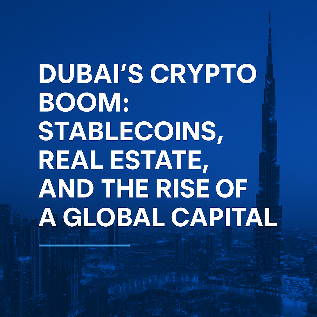 “Dubai skyline featuring Burj Khalifa with bold title text highlighting the city’s rise as a global hub for cryptocurrency and real estate innovation.”