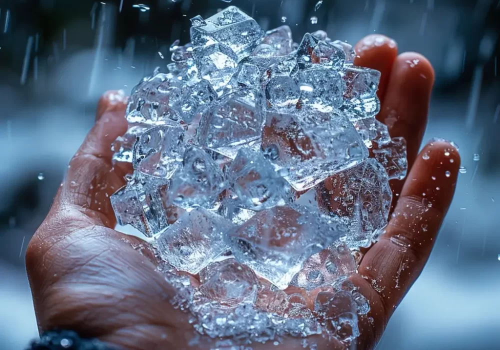 hand with ice cubes